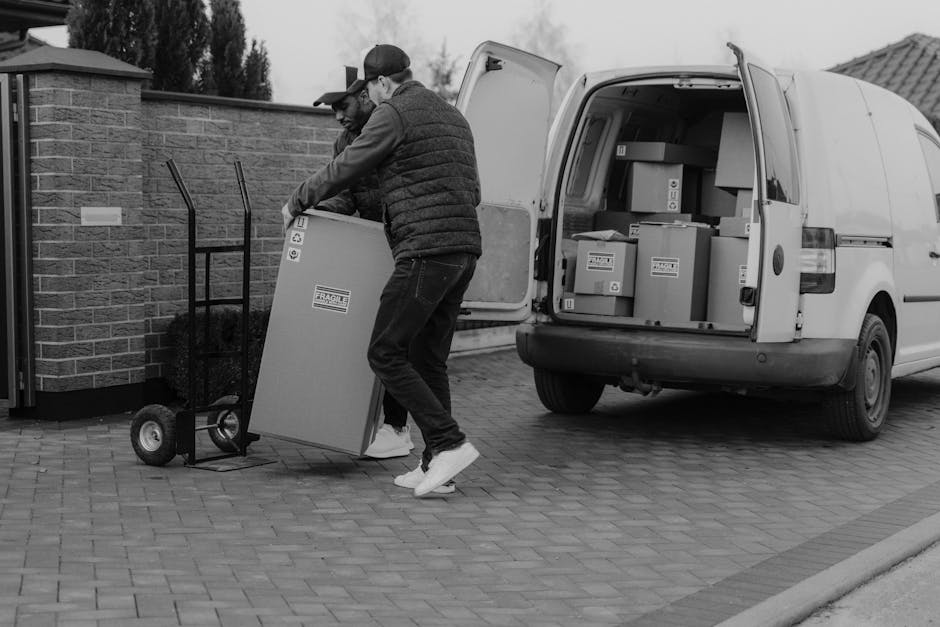 A man wearing a light grey knit beanie, a green padded vest over a navy blue and black jacket, standing inside a moving van near an open door. Inside the van, there are stacked cardboard boxes of vari